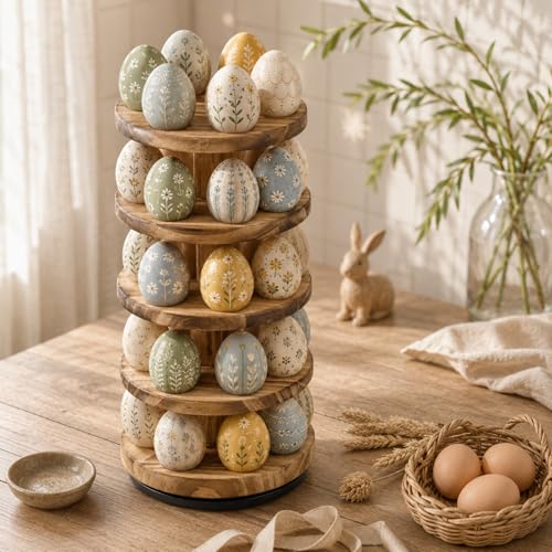 Wooden Egg Holder Countertop, 5 Tier 360° Rotating Fresh Eggs Storage Rack with 30 Slots, Pine Stackable Farmhouse Tower, Space-Saving Kitchen Organizer for Chicken Duck Easter - color: 30 Eggs - 5 Tier Round