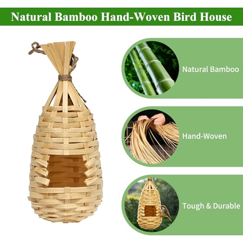 GUTE Bamboo Hanging Bird Nest 3Pcs Hand Woven Outdoor Wrens Finches | Handwoven Bamboo,Natural Golden Tan Color,Lightweight with Hanging Loop,Rustic Garden Decor,Ages Outdoors,Natural Fiber