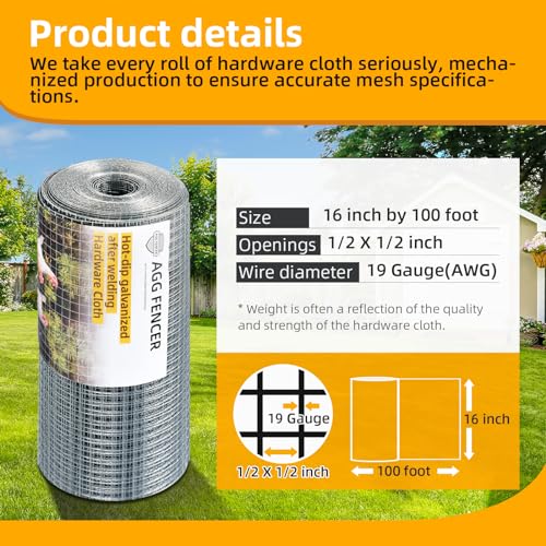 16inch x 100ft Hardware Cloth 1/2 inch Chicken Wire Fencing 19Ga | Hot Dipped Galvanized After Welding Garden Plant Supports Welded Metal Chicken Wire Fence Poultry Animal Netting Cage Screen - size: 1/2in 16in x 100ft
