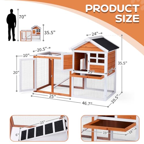 Outvita Rabbit Hutch, Small Wood Chicken Coop, 48" w/Pull-Out Tray | Guinea Pig Cage , Waterproof Asphalt Roof, Chicken Run, Interactive Door for Small Animal Pen Outdoor