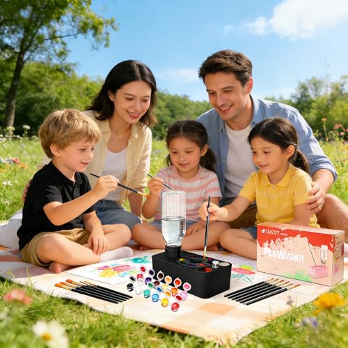 Paint Brush Cleaner Tool,Painting Running Water Circulation Art Supplies,with Brushes,Colors Paint,Watercolor Paper,Paint Station Creative Gift for Kids Girls Adult Artist Beginners (Black) - color: Black