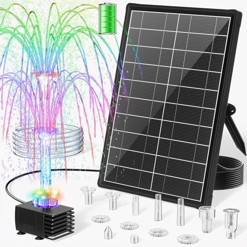 8W Solar Fountain Pump with 3200mAh Battery Backup & LED Lights, Solar Water Fountain Kit with 8 Nozzles & PVC Tubing for Bird Bath, Pond, Fish Tank, Backyard Decor P108DL - size: 8W Fountain with LED Light