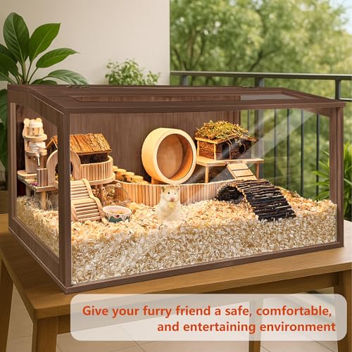 PROLEE Hamster Cage with Chewproof Wood Top, Guinea Pig Cages, Hamster Habitat with Clear Acrylic Sheets Solid Built, Small Animal Cage (Walnut, 32X15.5X15.5 inch) - color: Walnut, size: 32.0"L x 15.5"W x 15.5"H