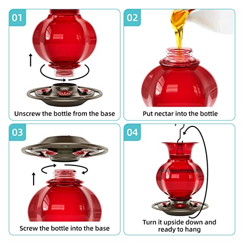 Auslar Glass Hummingbird Feeders for Outdoors Hanging, Red, 23 Oz | Hummingbird Feeder with Ant Moat & 5 Anti-Bee Feeding Ports, Ant and Bee Proof, Leakproof, Easy Clean and Fill, Garden Decor