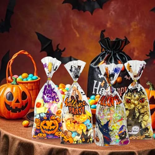 Lhocm Halloween Cellophane Treat Bags, 60PCS Plastic Clear Halloween Candy Cookies Goodie Gift Bags with Ties for Halloweens Trick or Treat Party Favors Supplies, 4 Style - color: Halloween 60pcs