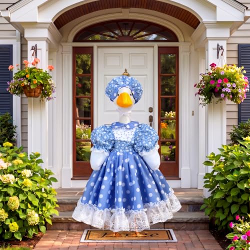 Abbylike Polka Dot Porch Goose Outfits for 23 Inch Plastic & Cement Statue Blue Lolita Dress with Lace Trim Farmhouse Goose Clothes with Hat for Summer Outdoor Patio Yard Lawn Decoration - style: Polka Dots