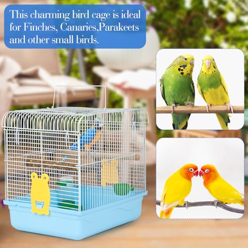Small Bird Cage for Travel, Parrot Carrier with Handle 9.5"L x 12"W x 12"H | Sturdy, Easy to Clean & Install, Birdcages with Trays, Standing Perch, Feeder Cups for Smaller Birds Lovebird Parakeets, Blue - color: Blue