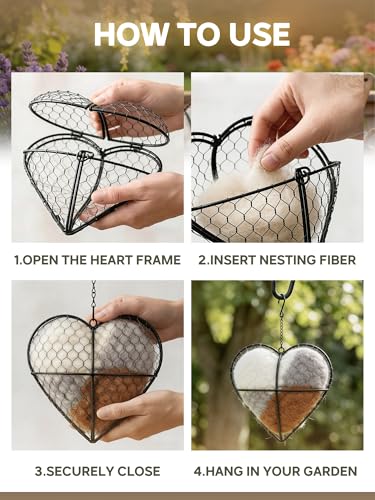 Handmade Alpaca Fiber Bird Nesting Heart for Wild Birds, Bird Nesting Material Holder, Natural Nesting Holder for Garden Trees, Hummingbird Nest/House, Outdoor Garden Decortion