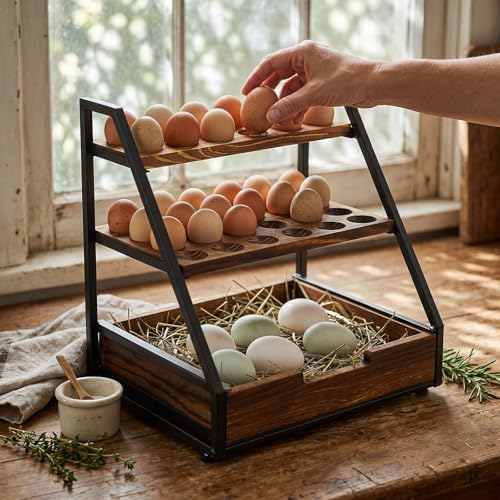 Reallnaive 3-Tier Wooden Egg Holder Countertop with Basket, Fits 36+90 Eggs, Wood Egg Collecting Rack with Carry Handle for Home Kitchen Chicken Duck Quail Eggs Storage Organizer