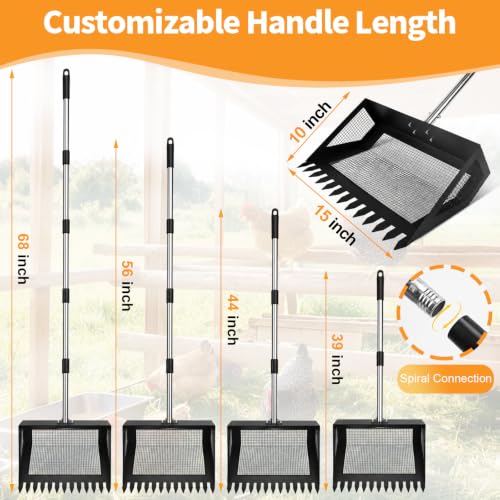 Chicken Poop Scooper Rake, 2-in-1 304 Stainless Steel 15 Inch Scoop | 39-66 Inch Adjustable Handle, Durable 304 Stainless Steel, Sand & Litter Sifting, Chicken Coop & Pet Waste Cleaning - color: Black