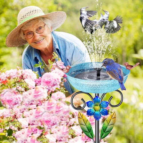 Metal Outside Bird Bath, 42“ Freestanding Garden Birdbath for Outdoor, Blue | SHUONIVS Bird Baths Feeder Bowl Detachable Decoration Spa Birdfeeder forPatio Yard Lawn Decor, 10" Dia Bowl with Stake - style: Blue+Flower