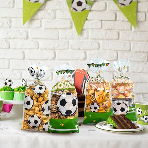 100PCS Soccer Cellophane Treat Bags - Clear Plastic Goodie Bags with 110 Gold Twist Ties - Soccer Party Favor Bags for Candy, Snacks, Game Day, Sports Events, Football Theme Parties & School Activities - color: Soccer-100pcs