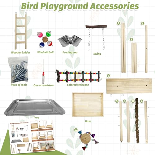 PINVNBY Bird Playground Parrot Perch Stand Play Gym Cockatiel Wood Bird Toys Birds Cage Accessories Playpen Ladder with Feeder Cups Hanging Swing Toys for Parakeet Conure Lovebird Cockatiel - size: Two Floors With Bell Platform