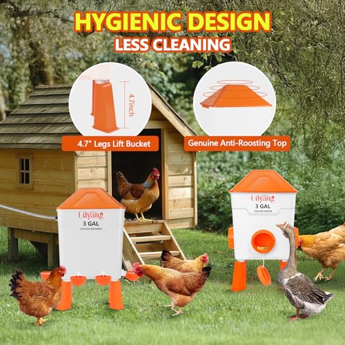 Lilyang 3 Gallon Automatic Chicken Waterer & Feeder Set, Auto Water Refill | Anti-Spill Ports & Stay-Clean Cups, Auto Watering System with Float Valve, No-Waste Poultry Feeder, No-Tools Assembly - color: Bright Orange