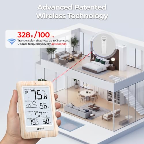 Indoor Outdoor Thermometer Wireless Weather Station, Temperature Humidity Monitor Battery Powered Inside Outside Thermometers with 330ft Range Remote Sensor and Backlight Display（Wood） - color: Wood