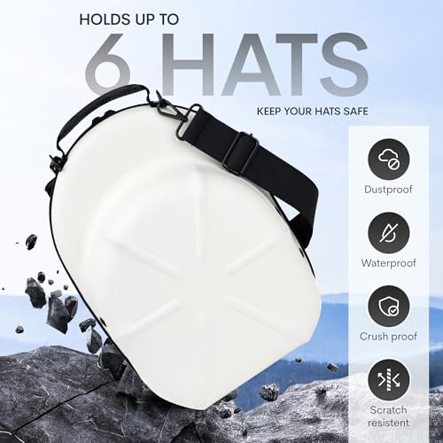 Golf Hats Baseball Caps Travel Case - Hat Carrier & Organizer | White Hard-Shell | Fits 6 Caps | Protect Hats | Ventilated EVA, Double Zipper, Handle & Strap