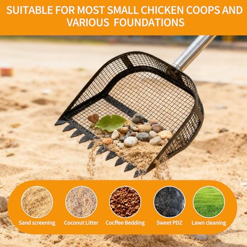 2-in-1 Chicken Poop Scooper, Chicken Coop Sand Rake with Adjustable Handle | 24-68in Stainless Steel Handle, Chicken Coop Rake for Chicken Coop Accessories Waste Cleaning Tools