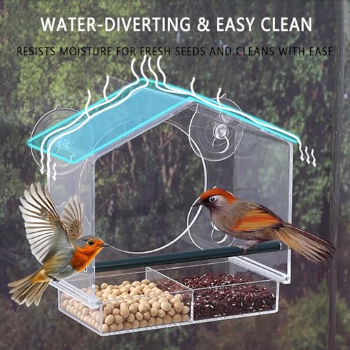 Window Bird Feeder with Strong Suction Cups （Large House） | Detachable Seed Tray (Built-in Drain Holes), Durable Acrylic Birdfeeder for Outdoor Garden, Ideal for Bird Watching Lovers - style: Large House