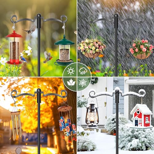 88" Adjustable Double Shepherds Hook for Outdoor, Heavy Duty 3/4" Thick Bird Feeder Pole with 5-Prong Base for Hanging Plant Baskets, Hummingbird Feeder, Solar Lights, Lanterns (2 Pack) - size: 2 Pack