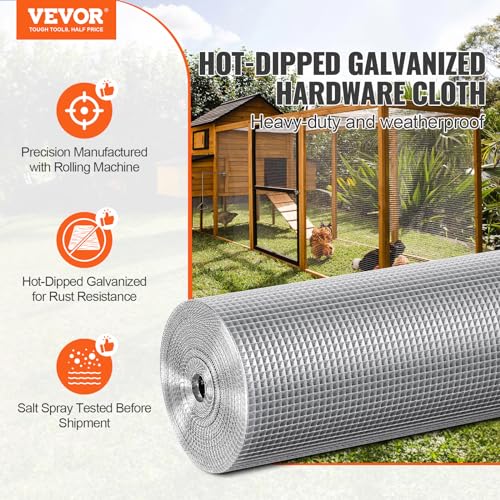 VEVOR Hardware Cloth, 1/4 inch 48in x 100 ft 23 Gauge, Hot Dipped Galvanized Wire Mesh Roll, Chicken Wire Fencing, Wire Mesh for Rabbit Cages, Garden, Small Rodents - size: 48"x100'
