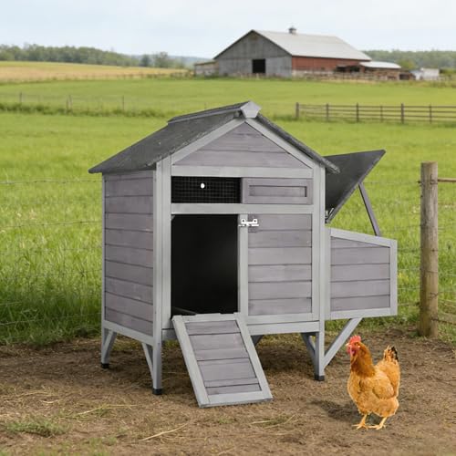 Chicken Coop Outdoor Weatherproof Chicken House with Lockable Nesting Box Slide-Out Cleaning Tray 2 Round Perches & Elevated Predator-Proof Base for 2-4 Chickens Ducks Grey - color: Grey