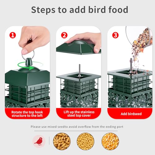 Squirrel Proof Bird Feeder, 2.8LB Weight-Activated Metal Outdoor | Weight-activated guard, metal body, clear seed tube, 4 ports, top-fill, 2.8LB capacity for outdoor backyard bird watching