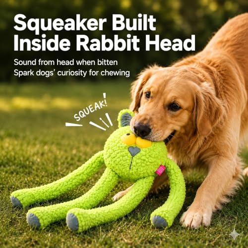Squeaky Dog Plush Chew Toy, Interactive Tug Squeaky Toy for Chewers, Medium & Large Dogs, 31.5 Inch Stuffed Swinging Rabbit Toy with Stretchable Limbs for Gum Care & Boredom Relief, Neon-Green - color: Neon Green (Swinging Rabbit)