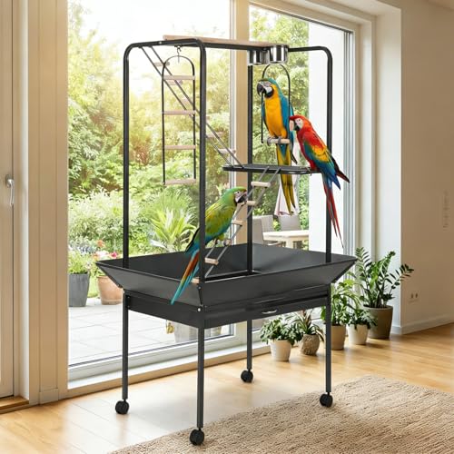 Large 66'' Black Bird Cage Play Center – Perches, Ladders, Rotating Ring, Removable Tray, Lockable Casters – Spacious Detachable Aviary for Macaw, Parakeet, Conure