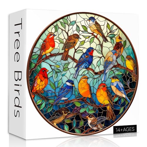 Stained Glass Puzzle Bird Puzzles for Adults 1000 Pieces, Colorful Round Bird Tree Jigsaw Puzzle, Impossible Hard Difficult Puzzles for Adults, Challenging Puzzles as Home Wall Decor - style: Z-611-Stained Glass Bird