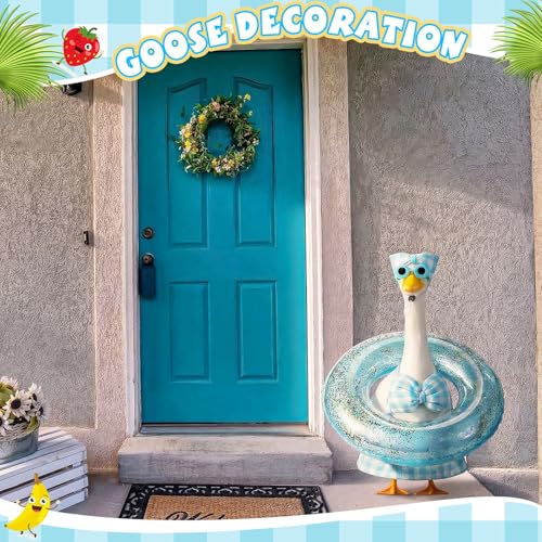 Bikini Porch Goose Outfits with Sunglasses and Swimming Tube for 23" Summer Goose Costume Garden Patio Statue Decor(Blue Plaid) - style: Blue Plaid
