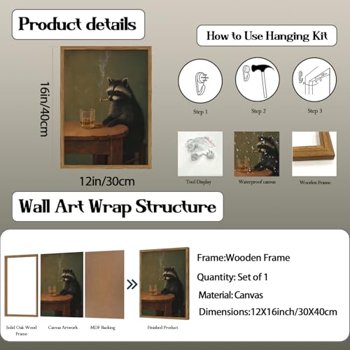 Whimsical Raccoon Wall Art Funny Raccoon Wall Decor Picture Dark Academia Animal Poster Canvas Painting Prints for Living Room Bar Bedroom 12x16 inch Wood Framed - color: Animal -R, size: 16"L x 12"W