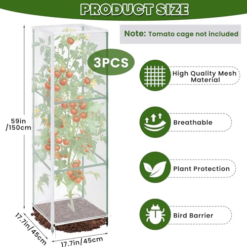3 Pcs Garden Bird Net Cover for Square Tomato Cage, 59"x17.7" Insect Bird Barrier Tomato Cage Net with Zipper & Drawstring, Tomato Netting Protection Cover for Protecting,Cucumber from Birds, Insects
