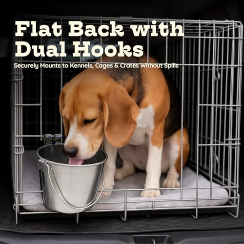 4 Quart Stainless Steel Flat Sided Bucket with Dual Hooks | 1 gal Durable Food & Water Bowl for XL Dogs, Cats, Goat & Livestock | Fits kennel Cage Critter Crate | Hanging Utility Pet Pail - size: 4 Quart