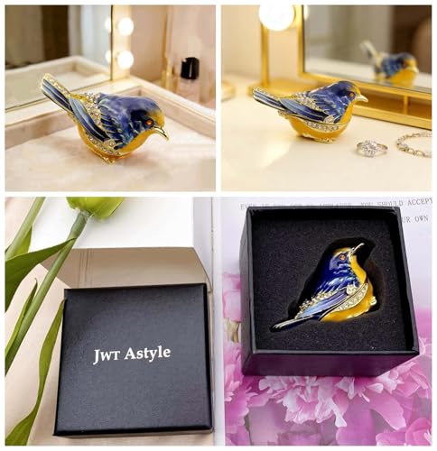Blue Starling Bird Figurine Hinged Jewelry Trinket Box Gift for Women | enameled with crystals setting Bird Lover Gifts Ring Earrings Storage, Bird home decor - color: Blue-Yellow