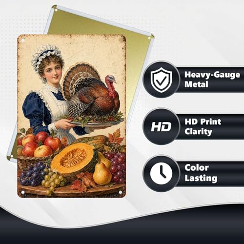 Vintage Thanksgiving Pilgrim Girl Turkey Pumpkin Tin Sign Harvest Wall Decor for Kitchen Dining Room Living Room Porch Entryway and Farmhouse Home Decor 12 * 8In - color: Vintage Thanksgiving Tin Sign 16, size: 20X30cm(12*8in)