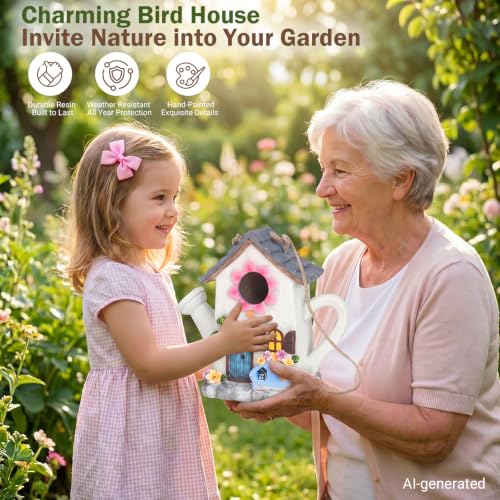 Yinns Bird House, Decorative Watering Can Wild Resin Bird Houses for Garden | Outdoor hanging wild birdhouse, garden decor for your backyard habitat, offering ideal nesting spots for bluebirds - color: A-Watering Can