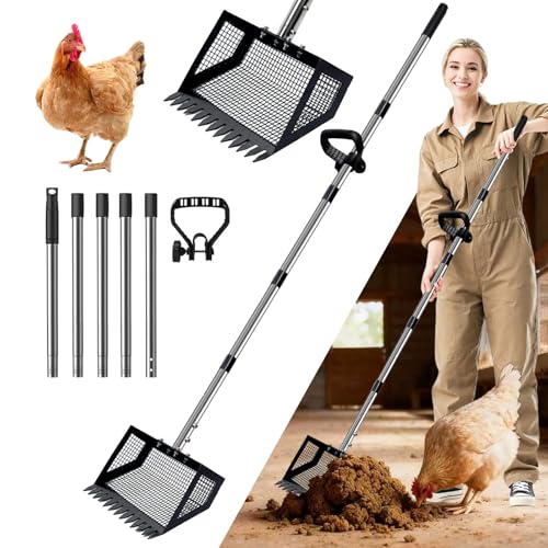 Chicken Coop Scoop (22 to 75") Chicken Coop Rake and Scoop with Grip 5 Section Extra Long Handle Chicken Pooper Scooper for Sand Metal Chicken Cleaning Tools Livestock Rake(Black) - color: Black