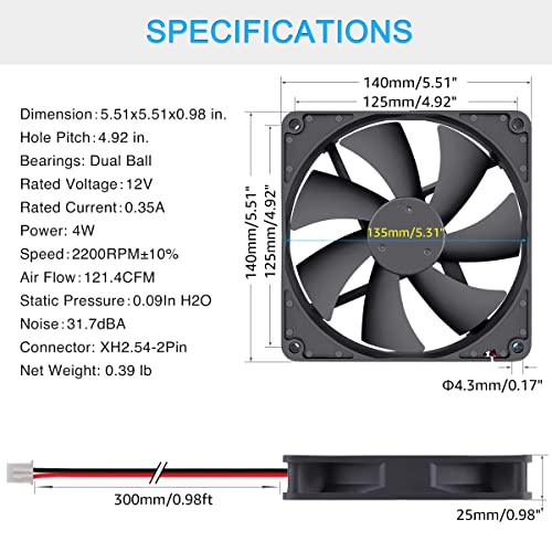 GDSTIME 12V Cooling Fan 1425, 140mm x 25mm Dual Ball Bearings Brushless Fan | 140x140x25mm, 1425, Replacement for PSU, Heater, Wine Fridge Condenser - size: 140x25mm