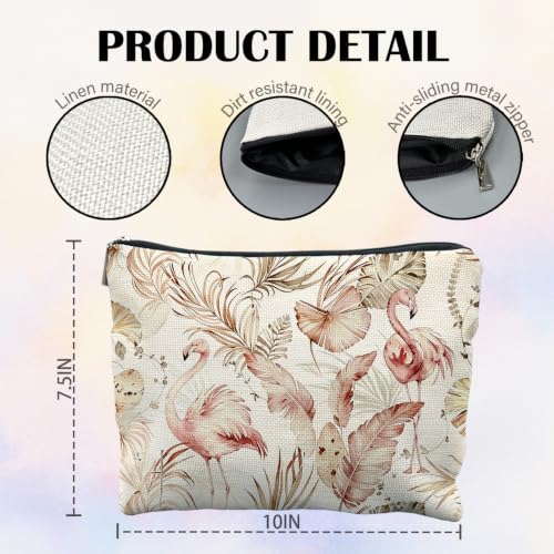 Boho Tropical Flamingo Beach Canvas Makeup Bag Gifts for Women | Flamingo Lover Gifts, Neutral Bird Palm Leaves Canvas Cosmetic Bag Beach Bags Travel Toiletry Zipper Pouch Storage Organizer - color: Flamingo