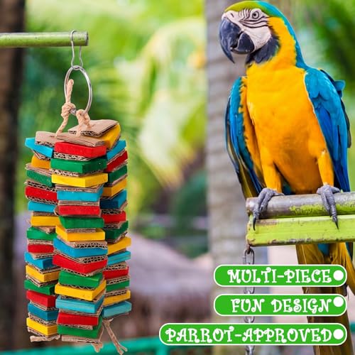 Soulchen 4 Pcs Extra Large Bird Parrot Toy Set Natural Wooden Chewing Toy, Rattan Ball, Wood Nut Loofah String (Bagged) for Large Medium Macaws, African Grey, Parrots (Wood Leaf) - style: Wood Leaf