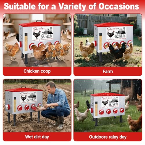 100Lb Automatic Chicken Feeder with Window 8 Port No Waste Rust-Proof Galvanized Steel with Locking Lid & Adjustable Height Legs Waterproof Portable Poultry Feeder for Chickens,Ducks,Geese