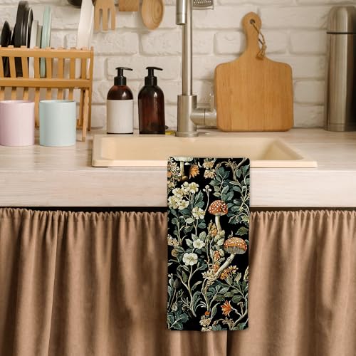 Vintage Mushroom Kitchen Towels, Dark Cottagecore Botanical Hand Towels for Bathroom, Mushroom Kitchen Decor, Moody Floral Dish Tea Towel, 16x24 Inch - color: Mushroom
