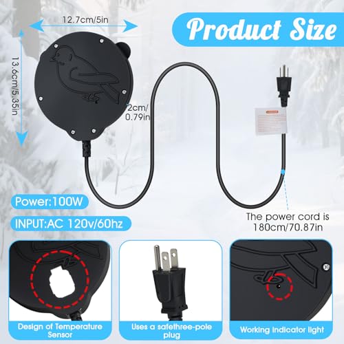 Bird Bath Heater, Upgraded 100W De-Icer Submersible Bird Bath Heaters for Outdoors in Winter, Chicken Water Heater for Winter, Thermostatic Control w/LED Indicator, 5.9 Ft Cord (Black-1Pack) - color: Black-1Pack