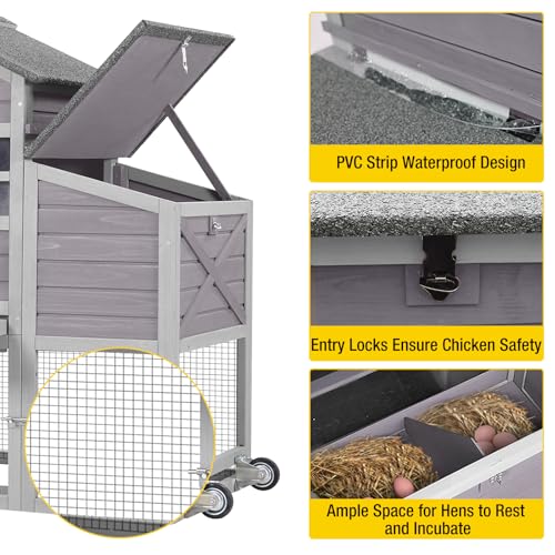 AIVITUVIN Chicken Coop with Nesting Box Mobile Chicken House on Wheels for 2-4 Chickens Rabbit Hutch Pull-Out Tray Wooden Poultry Cage - color: Grey