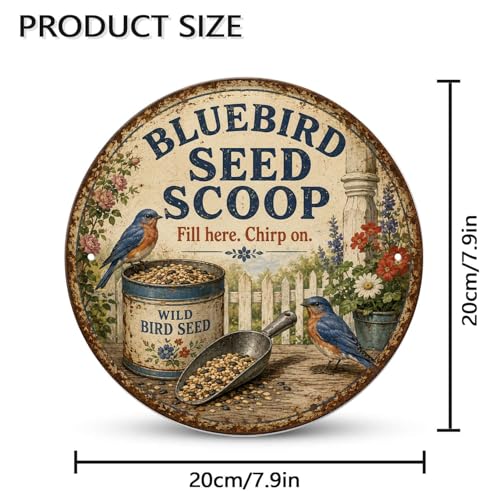 Bluebird Seed Scoop tin Sign Vintage Bluebird Bird Seed Metal Signs Round Retro Wall Art for Home Bedroom Kitchen Bar Cafe Garden Patio Outdoor Wall Decor Gift (8X8 IN) - size: 8X8 IN