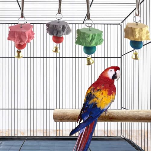 6PCS Bird Grinding Beak Calcium Stone with Bell Rat Mineral Lava Block Trimming Teeth Chewing Toys for Chinchilla Bunny Budgie Cockatiel Parakeet Parrot(Random Delivery of Color)