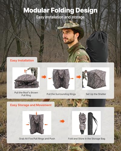 VEVOR Hunting Blind，See Through Ground Blinds with Carrying Bag, 360 Degree Portable Camouflage Tent，Durable Concealed Shelter with Silent Side Door and Window, for Turkey and Deer - size: 1-2 Person（270°See Through ）