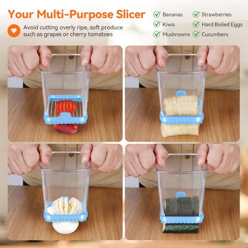 Fruit Slicer Cup for Strawberry, Banana, Hard-Boiled Egg - Detachable Cutter with Push Plate - Rapid & Safe Slicing Kitchen Gadget for Quick Meal Prep (Blue) - color: Blue