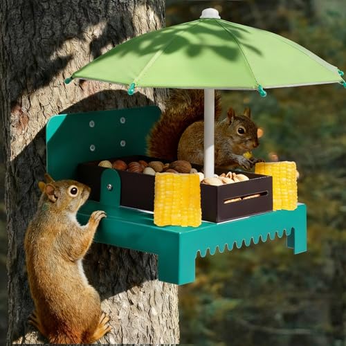 Heavy Duty Metal Squirrel Feeder Picnic Table with Umbrella - Rustproof Corn Cob Holder & Chipmunk Feeder for Tree/Fence, Funny Gift for Squirrel Lovers. (Green) - color: GREEN