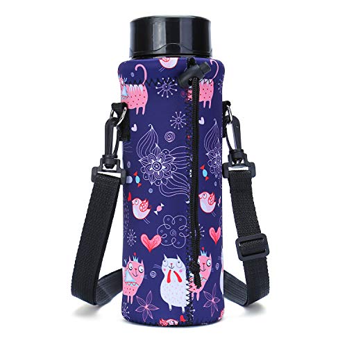 AMARY 500ML Neoprene Water Bottle Carrier Bag with Adjustable Shoulder Strap,Insulated Water Bottle Cover for Stainless Steel/Glass/Plastic Bottles 16.9OZ (cat) - color: Cat